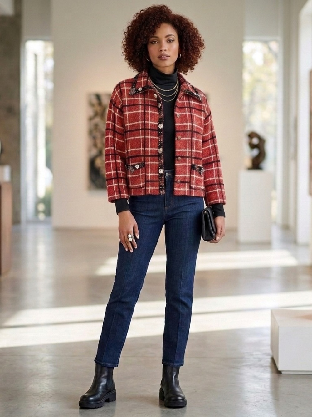 Vintage Design Ptions  Red Plaid Embellished Cardigan Sweater M Y2K Cottagecore